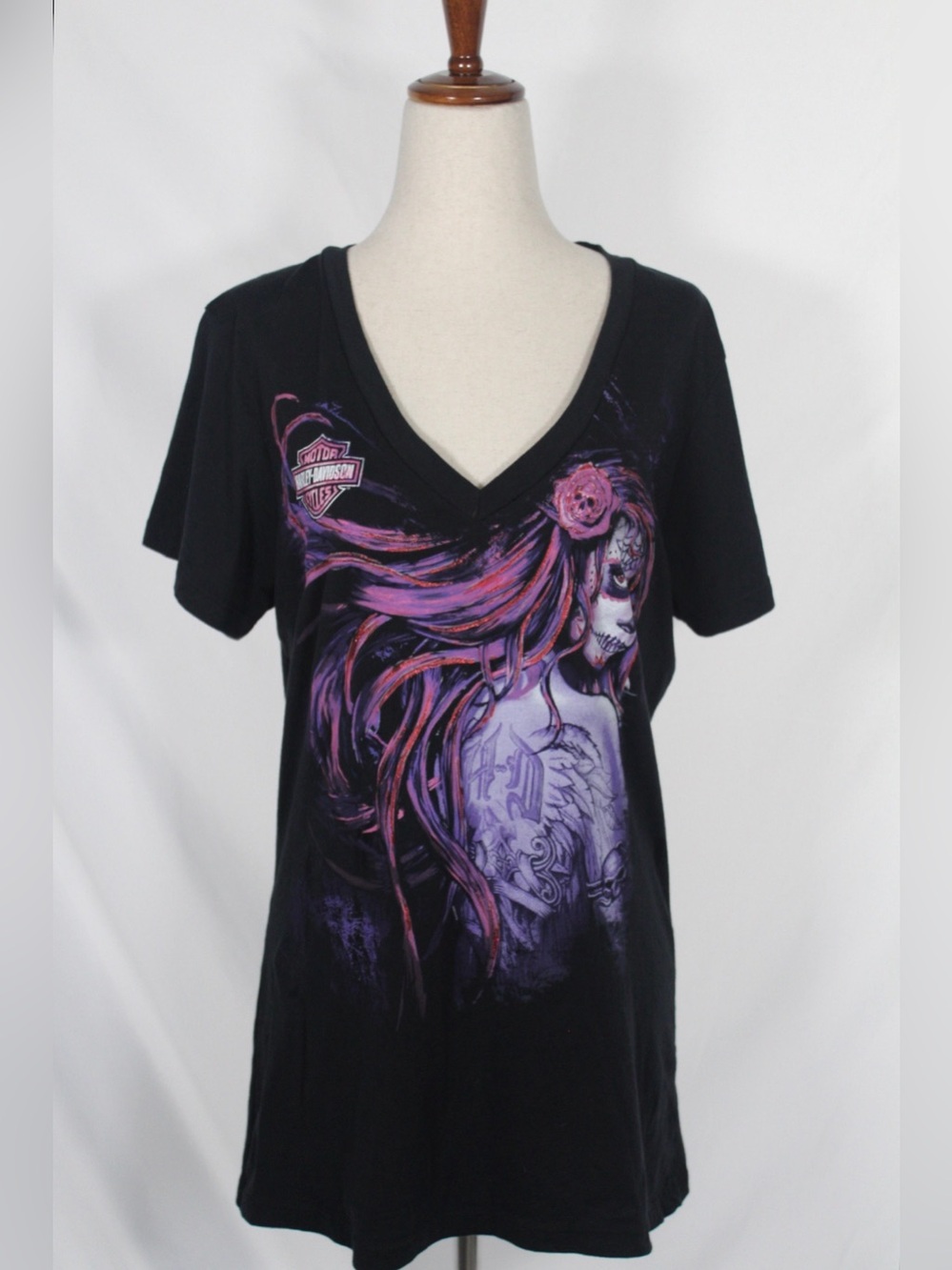 Harley-Davidson Black V-Neck Tee with Purple and Pink Sugar Skull Graphic
